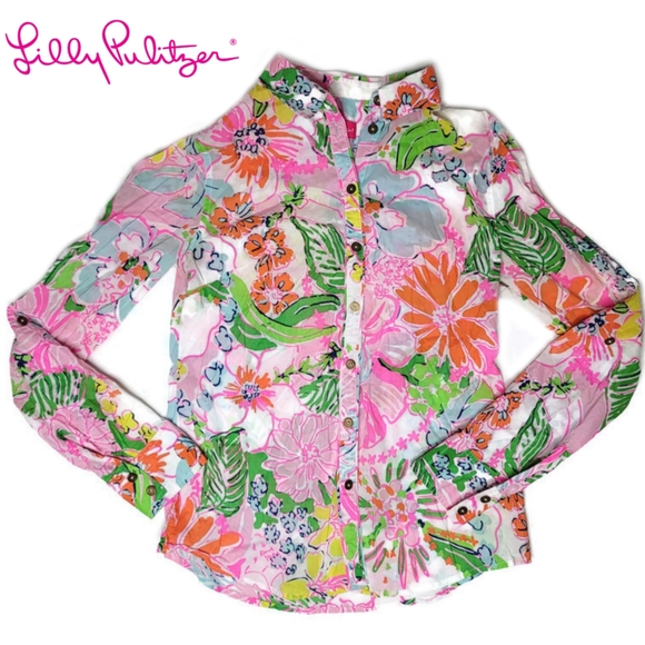 Lilly pulitzer nosey posey neon floral button up shirt size xs 100% cotton. - Picture 3 of 9